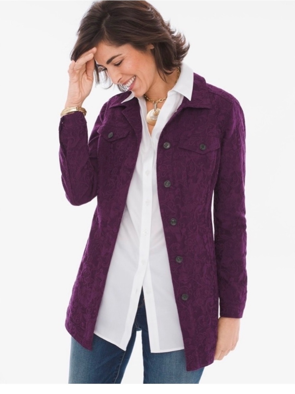Chico's Deep Purple Textured Button-Front Jacket